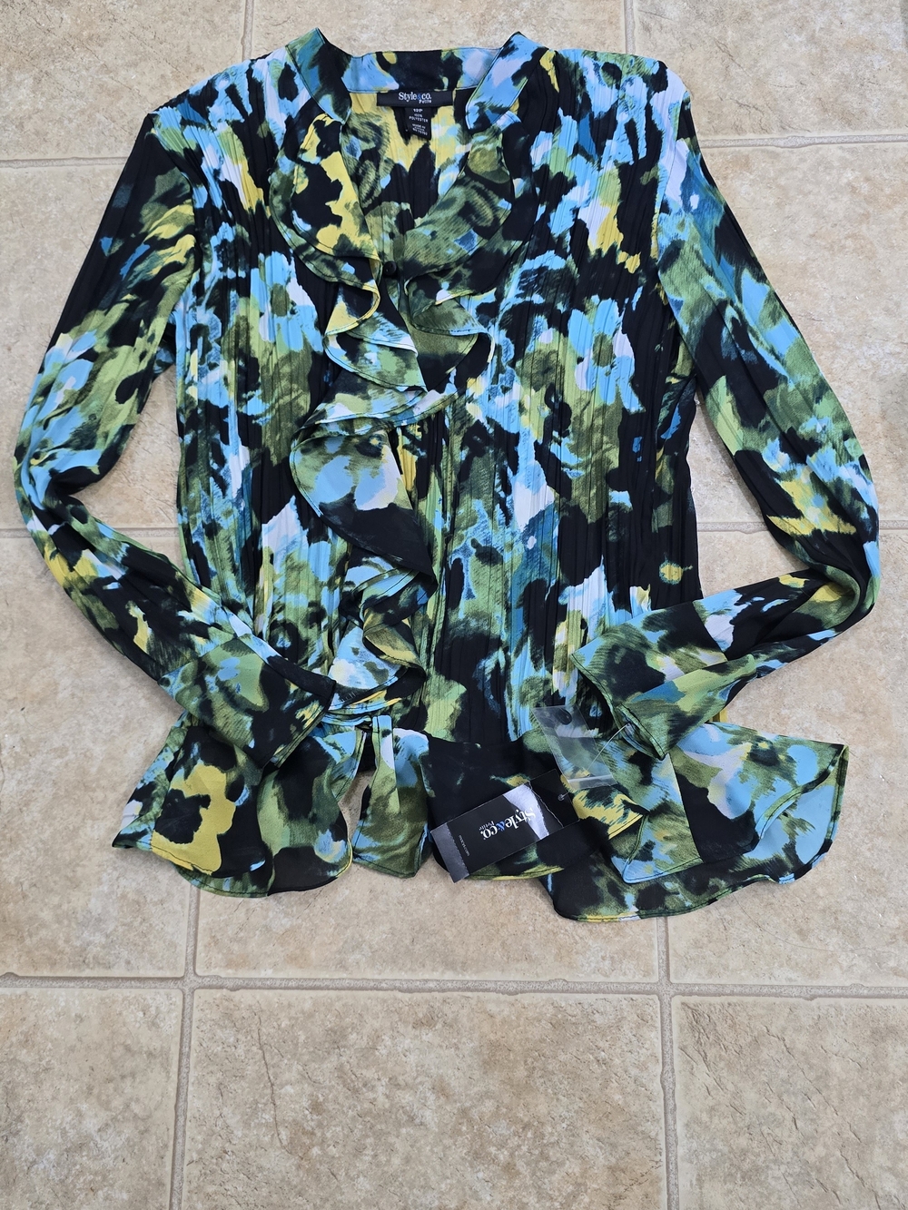 Style & Co. Floral Ruffle-Front Blouse in Black, Blue & Green
